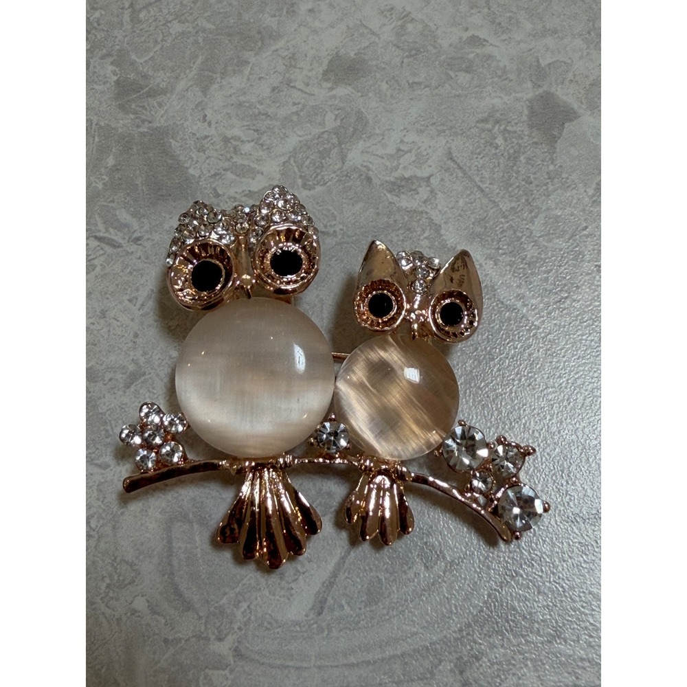 Rose Gold Tone Double Owl Brooch Rhinestone Cats Eye Stone Pin